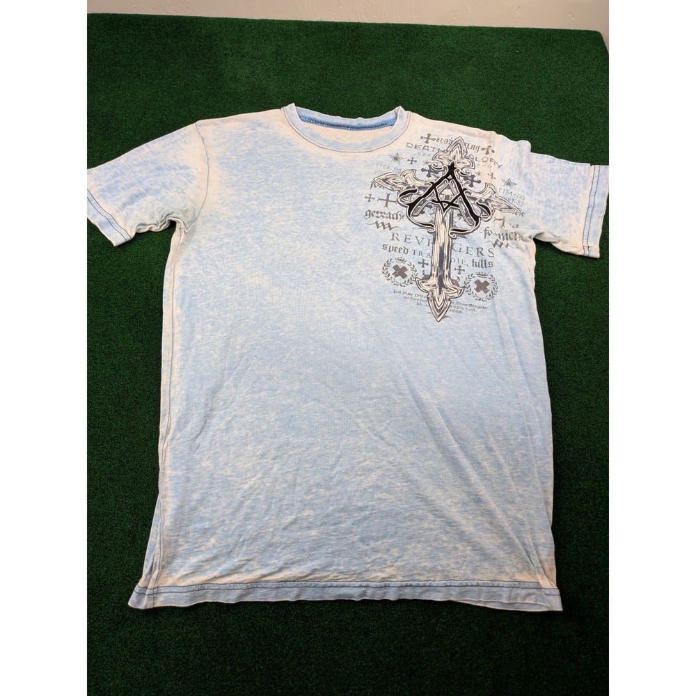 Affliction Archaic Mens Blue Acid Wash Gothic Cross Graphic T-Shirt Size M MMA